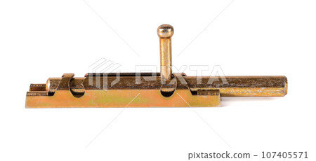 Yellow metal door latch isolated on white background 107405571