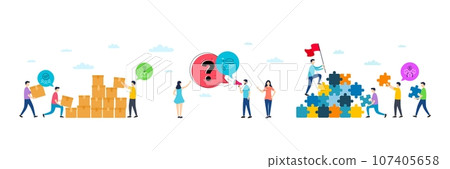 Food delivery, Hiring employees and Approved group minimal line icons. People characters with puzzle, delivery parcel. Sharing economy icons. For web, application, printing. Vector 107405658