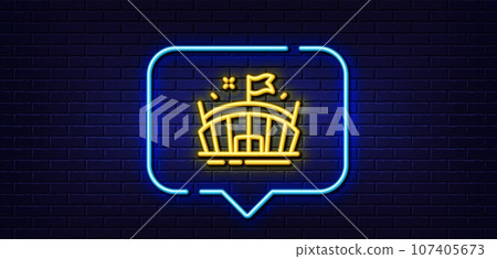 Neon light speech bubble. Sports stadium line icon. Arena with flag sign. Sport complex symbol. Neon light background. Arena glow line. Brick wall banner. Vector Neon light speech bubble. Sports stadium line icon. Arena with flag sign. Sport complex symbol. Neon light background. Arena glow line. Brick wall banner. Vector 107405673