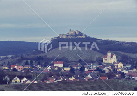 Falkenstein ruins and town with vineyard, Lower Austria, Austria Falkenstein ruins and town with vineyard, Lower Austria, Austria 107406160