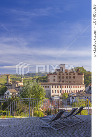 Castle and town with vineyard in Barolo, Langhe region, Piedmont, Italy Castle and town with vineyard in Barolo, Langhe region, Piedmont, Italy 107406169