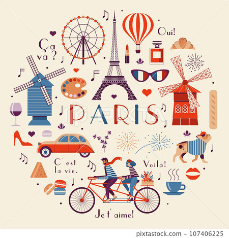 Paris Vintage Travel Illustration n Circle Shape Paris Vintage Travel Illustration n Circle Shape 107406225