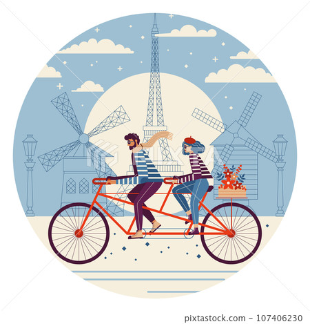 Couple Riding Tandem Bicycle Together in Paris Couple Riding Tandem Bicycle Together in Paris 107406230