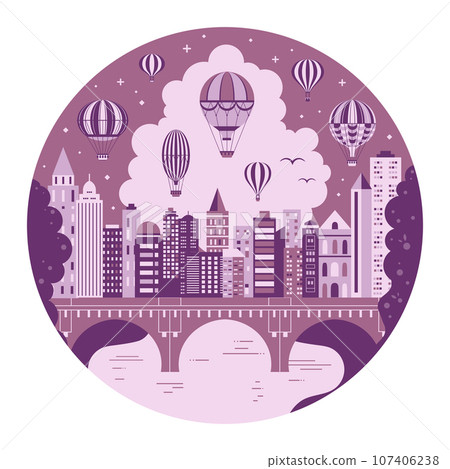 Vintage Hot Air Balloon Flying over City Vintage Hot Air Balloon Flying over City 107406238