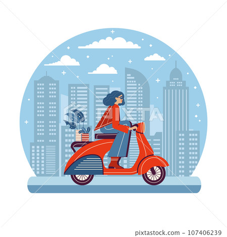 Woman Riding Vintage Scooter in Modern City Woman Riding Vintage Scooter in Modern City 107406239