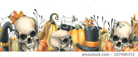 Human skulls with orange pumpkins, candles, night moths, cobwebs and autumn leaves. Hand drawn watercolor illustration for Halloween and Day of the Dead. Seamless border on a white background 107406353