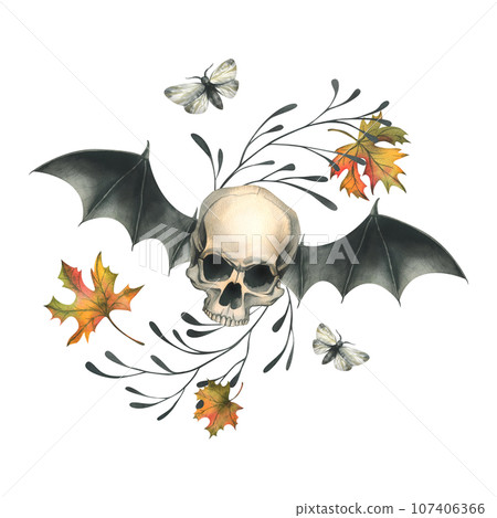 Human skull flying with bat wings, night moths and autumn maple leaves. Hand drawn watercolor illustration for Halloween. Isolated composition on a white background 107406366