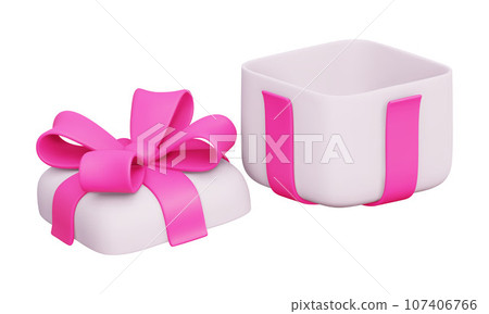 Vector 3d Gift Box. Open Empty Present Box With Pink Ribbon and Bow. For Surprise, Birthday Party, Baby Shower. Vector Render Illustration In Plasticine Cartoon Style. Isolated on white 107406766