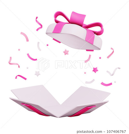 3d Gift Box With Flying Pink Ribbons and Stars. Concept of promotion, discount, sale, gift. Open box with empty space. Vector Render Illustration In Plasticine Cartoon Style on white background. 3d Gift Box With Flying Pink Ribbons and Stars. Concept of promotion, discount, sale, gift. Open box with empty space. Vector Render Illustration In Plasticine Cartoon Style on white background. 107406767