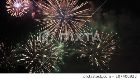 Green Firework celebrate anniversary happy new year 2024, 4th of july holiday festival. Green firework in night time celebrate national holiday. Countdown to new year 2024 festival party time event Green Firework celebrate anniversary happy new year 2024, 4th of july holiday festival. Green firework in night time celebrate national holiday. Countdown to new year 2024 festival party time event 107406928