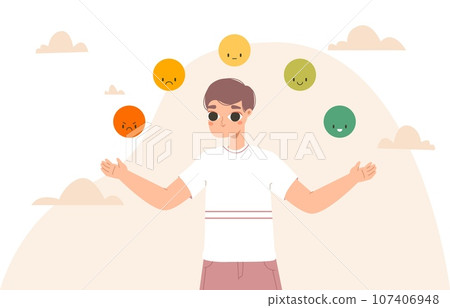 Emotional balance and choose your emotions. Mental health, guy thinking about his daily mood. Good and bad feeling, rating snugly vector scene 107406948