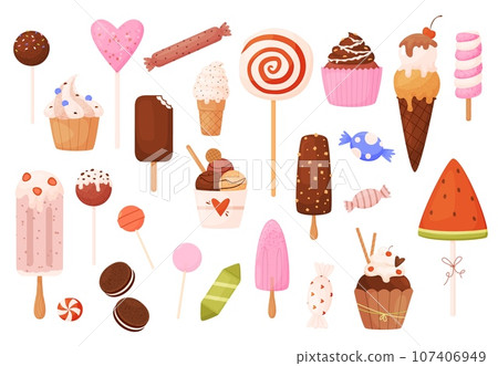 Sweet lollipops and ice cream. Caramel and candies, chocolate creamy dessert. Waffle cones, popsicles and lollipop. Isolated snugly vector food icons 107406949