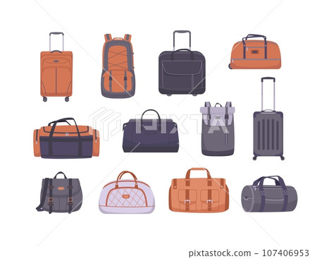 Travel luggage, bags and suitcases. Fabric backpack and plastic suitcase, touristic handbag. Isolated flat tourism baggage, kicky vector clipart 107406953