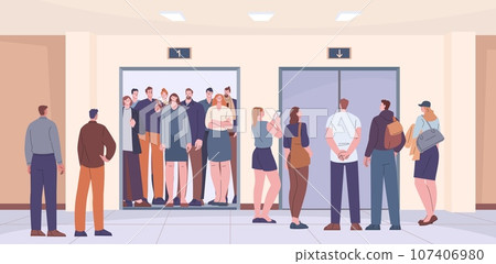 People crowd in elevator. Cartoon characters in office mall or hotel. Women and men go to work, stand in lift and closed door, kicky vector scene 107406980
