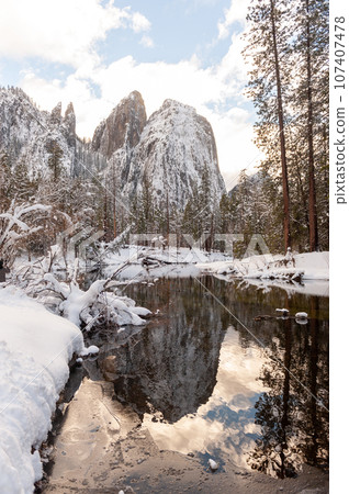 Yosemite Valley along the Merced river 107407478