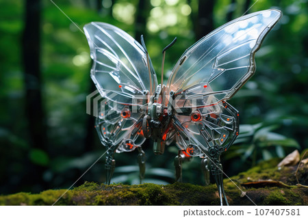 A beautiful butterfly gundam technology in the forest. Insect. Illustration, Generative AI. 107407581