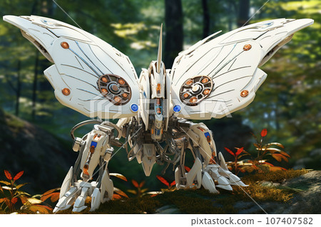 A beautiful butterfly gundam technology in the forest. Insect. Illustration, Generative AI. 107407582