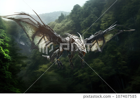 A dragon is flying that spreads its wings wide gundam technology in the forest. Wildlife Animals. Illustration, Generative AI. 107407585