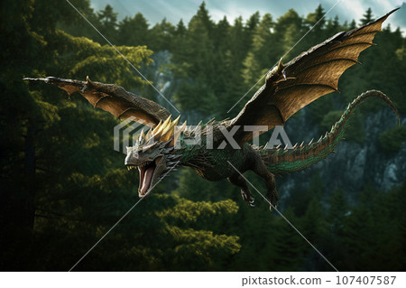A dragon is flying that spreads its wings wide in the forest. Wildlife Animals. Illustration, Generative AI. A dragon is flying that spreads its wings wide in the forest. Wildlife Animals. Illustration, Generative AI. 107407587