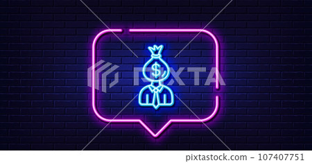Neon light speech bubble. Businessman earnings line icon. Dollar money bag sign. Neon light background. Manager glow line. Brick wall banner. Vector Neon light speech bubble. Businessman earnings line icon. Dollar money bag sign. Neon light background. Manager glow line. Brick wall banner. Vector 107407751