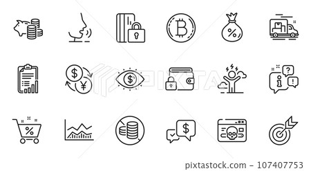 Outline set of Difficult stress, Loan and Business vision line icons for web application. Talk, information, delivery truck outline icon. Include Payment received, No cash, Lock icons. Vector Outline set of Difficult stress, Loan and Business vision line icons for web application. Talk, information, delivery truck outline icon. Include Payment received, No cash, Lock icons. Vector 107407753