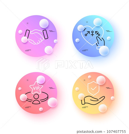 Vip table, Handshake and Genders minimal line icons. 3d spheres or balls buttons. Insurance hand icons. For web, application, printing. Exclusive privilege, Deal hand, Inclusion. Full coverage. Vector Vip table, Handshake and Genders minimal line icons. 3d spheres or balls buttons. Insurance hand icons. For web, application, printing. Exclusive privilege, Deal hand, Inclusion. Full coverage. Vector 107407755