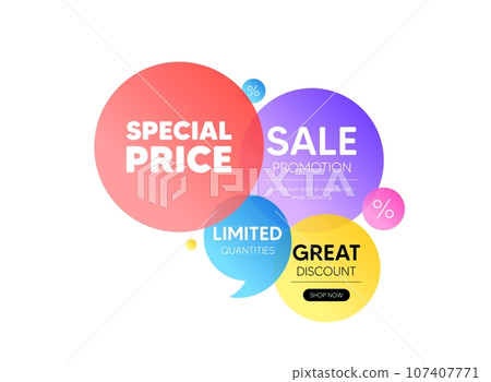 Discount offer bubble banner. Special price tag. Sale sign. Advertising Discounts symbol. Promo coupon banner. Special price round tag. Quote shape element. Vector 107407771