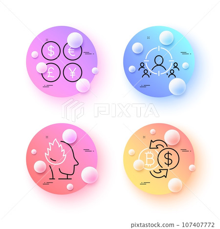 Stress, Business targeting and Bitcoin exchange minimal line icons. 3d spheres or balls buttons. Money currency icons. For web, application, printing. Vector 107407772