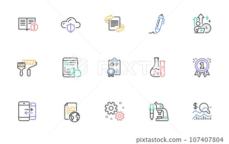 Check investment, Facts and Work line icons for website, printing. Collection of Difficult stress, Reward, Cloud protection icons. Internet document, Paint roller, Internet report web elements. Vector 107407804