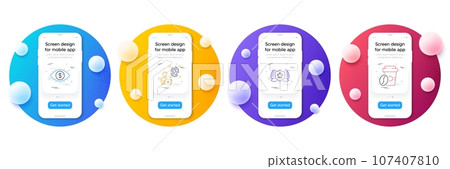 Minimal set of Business vision, Computer fingerprint and Laureate line icons for web development. Phone ui interface mockup with balls. Takeaway coffee icons. Vector 107407810