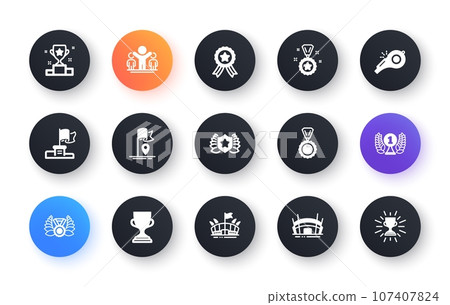 Minimal set of Award cup, Laureate award and Winner ribbon flat icons for web development. Laureate medal, Winner cup, Flag icons. Arena stadium, Arena, Whistle web elements. Medal, Trophy. Vector 107407824