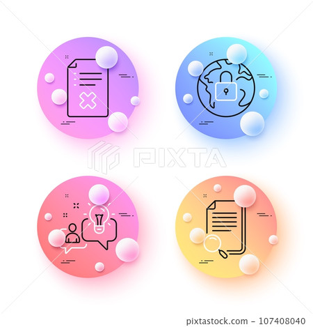 Idea, Reject file and Lock minimal line icons. 3d spheres or balls buttons. Search file icons. For web, application, printing. Solution, Decline agreement, Web protection. Find document. Vector Idea, Reject file and Lock minimal line icons. 3d spheres or balls buttons. Search file icons. For web, application, printing. Solution, Decline agreement, Web protection. Find document. Vector 107408040