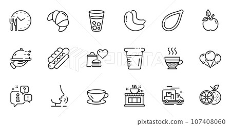 Outline set of Orange, Cooking beaker and Hotdog line icons for web application. Talk, information, delivery truck outline icon. Include Food delivery, Ice creams, Food donation icons. Vector Outline set of Orange, Cooking beaker and Hotdog line icons for web application. Talk, information, delivery truck outline icon. Include Food delivery, Ice creams, Food donation icons. Vector 107408060