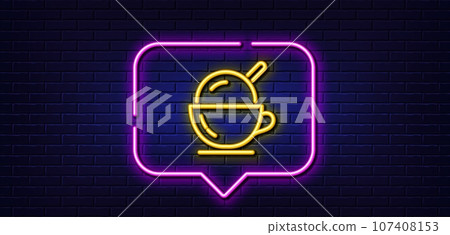 Neon light speech bubble. Coffee cup with ice cream line icon. Vanilla sundae sign. Frozen summer dessert symbol. Neon light background. Ice cream glow line. Brick wall banner. Vector Neon light speech bubble. Coffee cup with ice cream line icon. Vanilla sundae sign. Frozen summer dessert symbol. Neon light background. Ice cream glow line. Brick wall banner. Vector 107408153