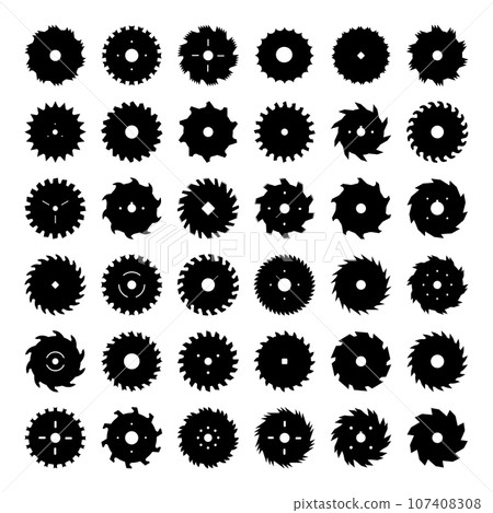 Circular saw. Silhouettes of different rotary blades recent vector cutting wood items Circular saw. Silhouettes of different rotary blades recent vector cutting wood items 107408308
