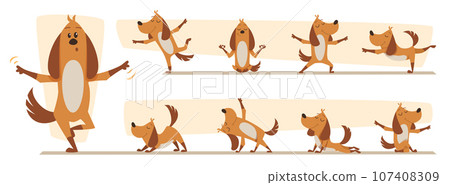 Sport animal. Happy dog in yoga poses exact vector fitness activity 107408309