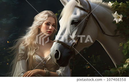Graceful woman and white horse share a tranquil moment. AI generative. 107408358