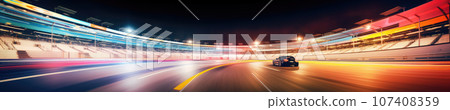Under the night sky, a sleek sports car speeds along a racetrack. AI generative. 107408359