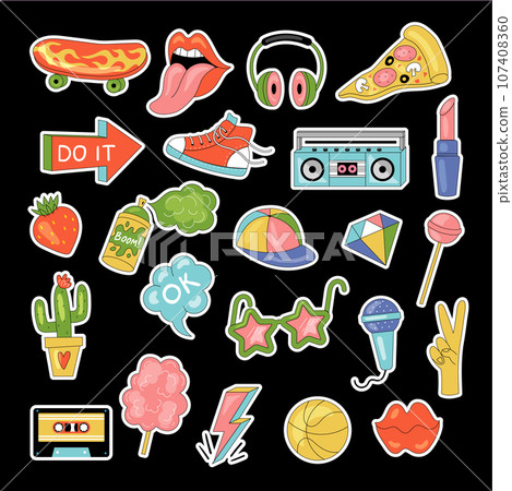 Retro stickers. Teenage colored sticky patches comic pictures for packages recent vector cartoon set 107408360