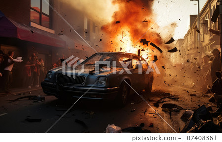 Turbulent street filled with signs of disorder and protest. AI generative. 107408361