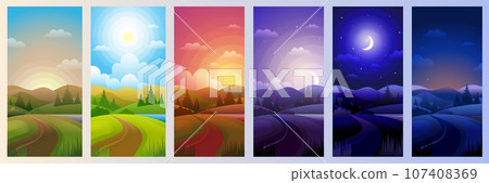 Day parts. Landscape in night morning noon sunset background recent vector cartoon template 107408369