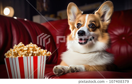Adorable corgi enjoys popcorn on a cozy couch, ready for TV time. AI generative. Adorable corgi enjoys popcorn on a cozy couch, ready for TV time. AI generative. 107408379
