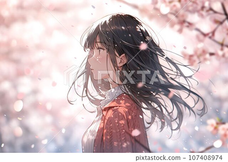 Illustration of a cherry blossom blizzard and a young woman (AI generated image) 107408974