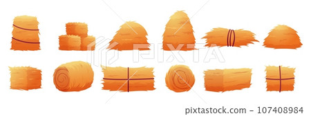 Cartoon hay collection. Hays stacks and bales, agriculture seasonal elements. Autumn time on farm or village, harvest haystacks nowaday vector set Cartoon hay collection. Hays stacks and bales, agriculture seasonal elements. Autumn time on farm or village, harvest haystacks nowaday vector set 107408984