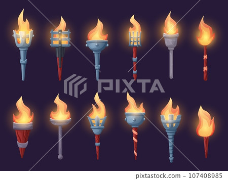 Cartoon medieval torches. Magic torch with fire flame and wooden handle. Ancient burning gaming torchlights for castle and adventure nowaday vector set Cartoon medieval torches. Magic torch with fire flame and wooden handle. Ancient burning gaming torchlights for castle and adventure nowaday vector set 107408985
