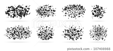 Particles shatter and burst. Black explosion, glass or plastic broken. Bursts destructions, explode effect with geometry confetti, racy vector set 107408988