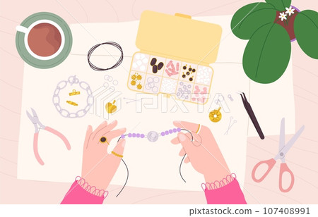Jewelry making on workshop top view. Hands doing necklace or bracelet. Handicraft and handmade accessories, decorative fashion racy vector scene Jewelry making on workshop top view. Hands doing necklace or bracelet. Handicraft and handmade accessories, decorative fashion racy vector scene 107408991