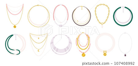 Necklace cartoon set. Decorative jewelry female clipart, isolated beads. Stylish trendy accessories, collier and necklaces. Racy fashion vector collection 107408992