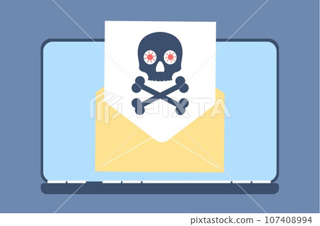 Email virus in message or email. Security service for laptop, scam or spam mail. Antivirus from trojan, hacker attack. Digital threat recent vector concept 107408994