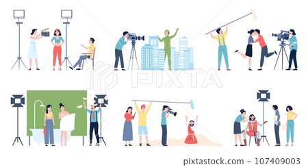 Film production flat scenes. Actors and actresses, direction and assistants. Shooting movie team, operator with camera, recent vector set 107409003